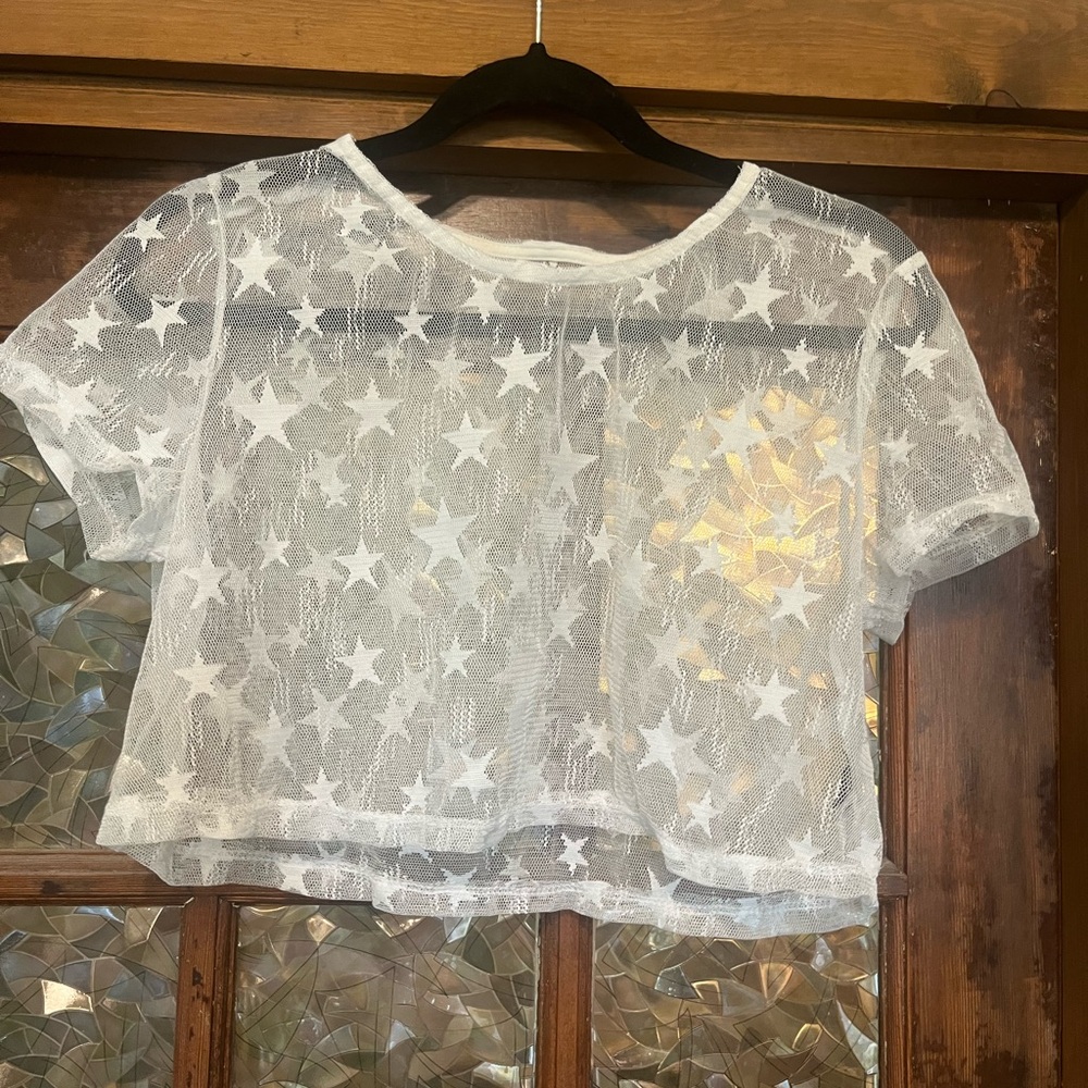 SHEIN White Sheer Crop Blouse with Short Sleeves